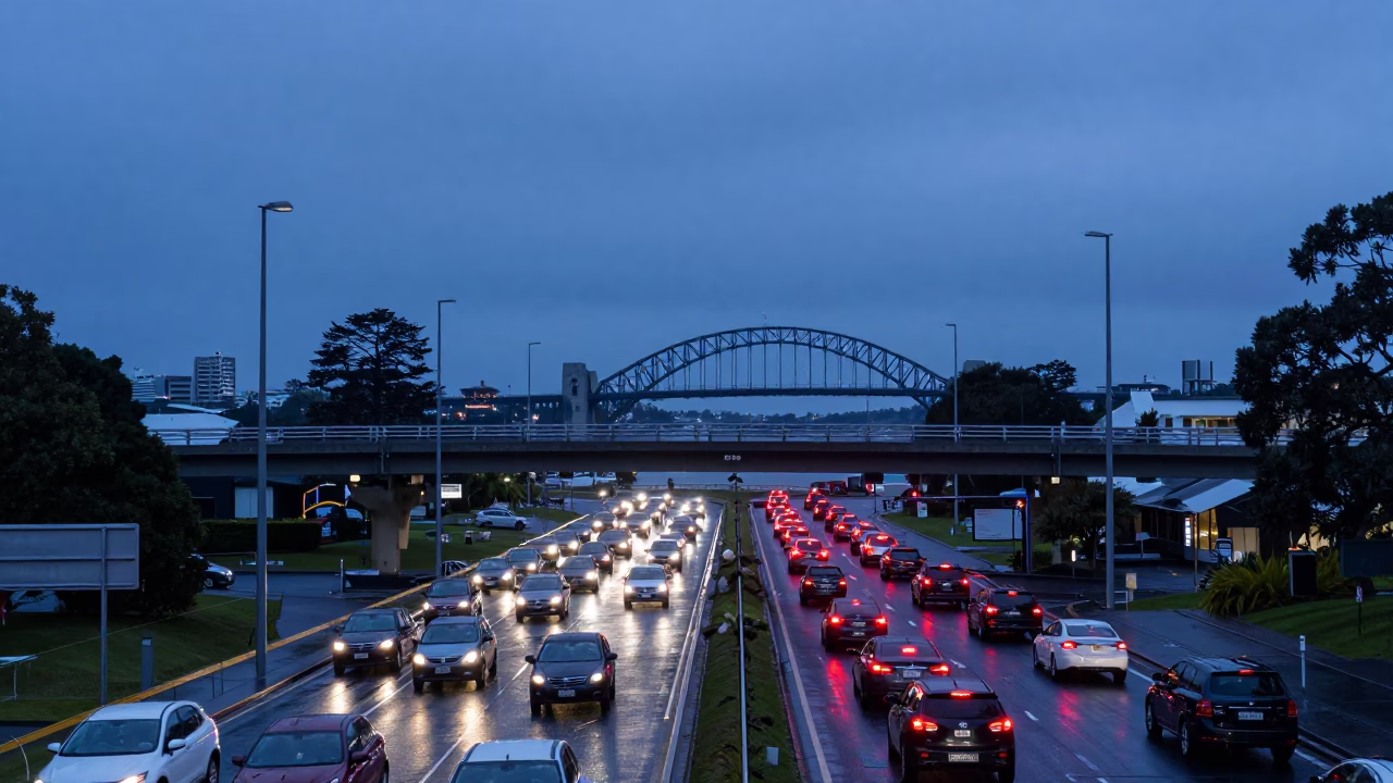 Auckland New Zealand Indigo Twilight Overpass Interchange Traffic After Rain in in Auckland, New Zealand