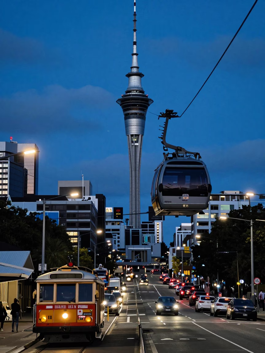 Auckland New Zealand Indigo Twilight Street Scene with Cable Car and Urban Reflections in in Auckland, New Zealand