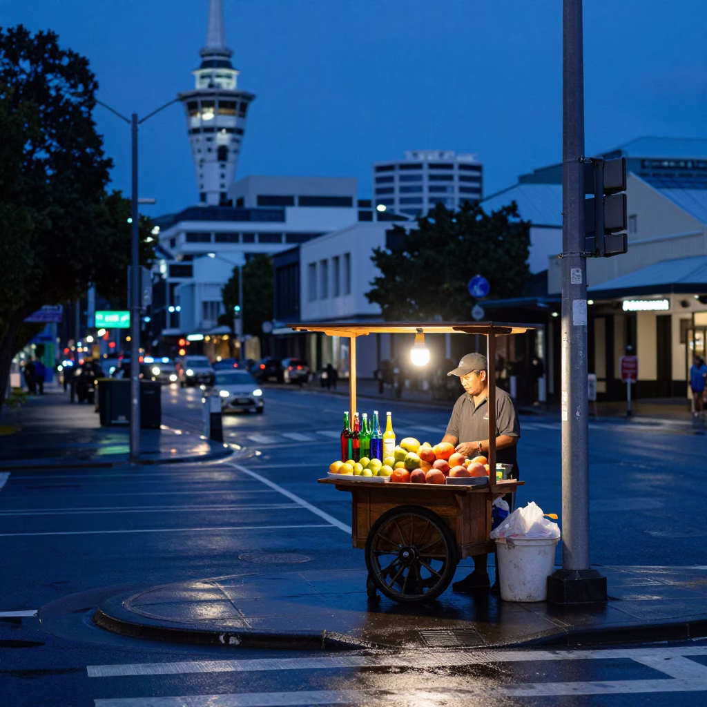 Auckland New Zealand Indigo Twilight Street Scene with Colorful Glass Bottle and Coffee Mug in in Auckland, New Zealand