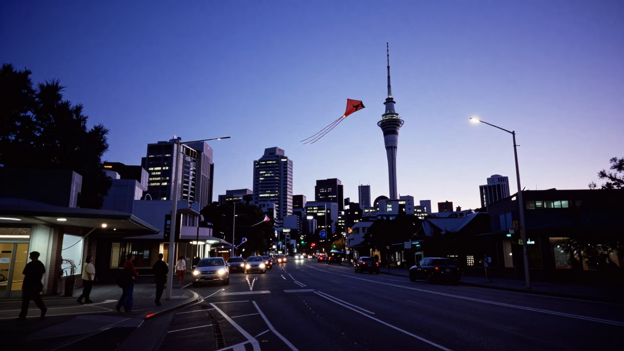 Auckland New Zealand indigo twilight street scene with kites and city lights in in Auckland, New Zealand
