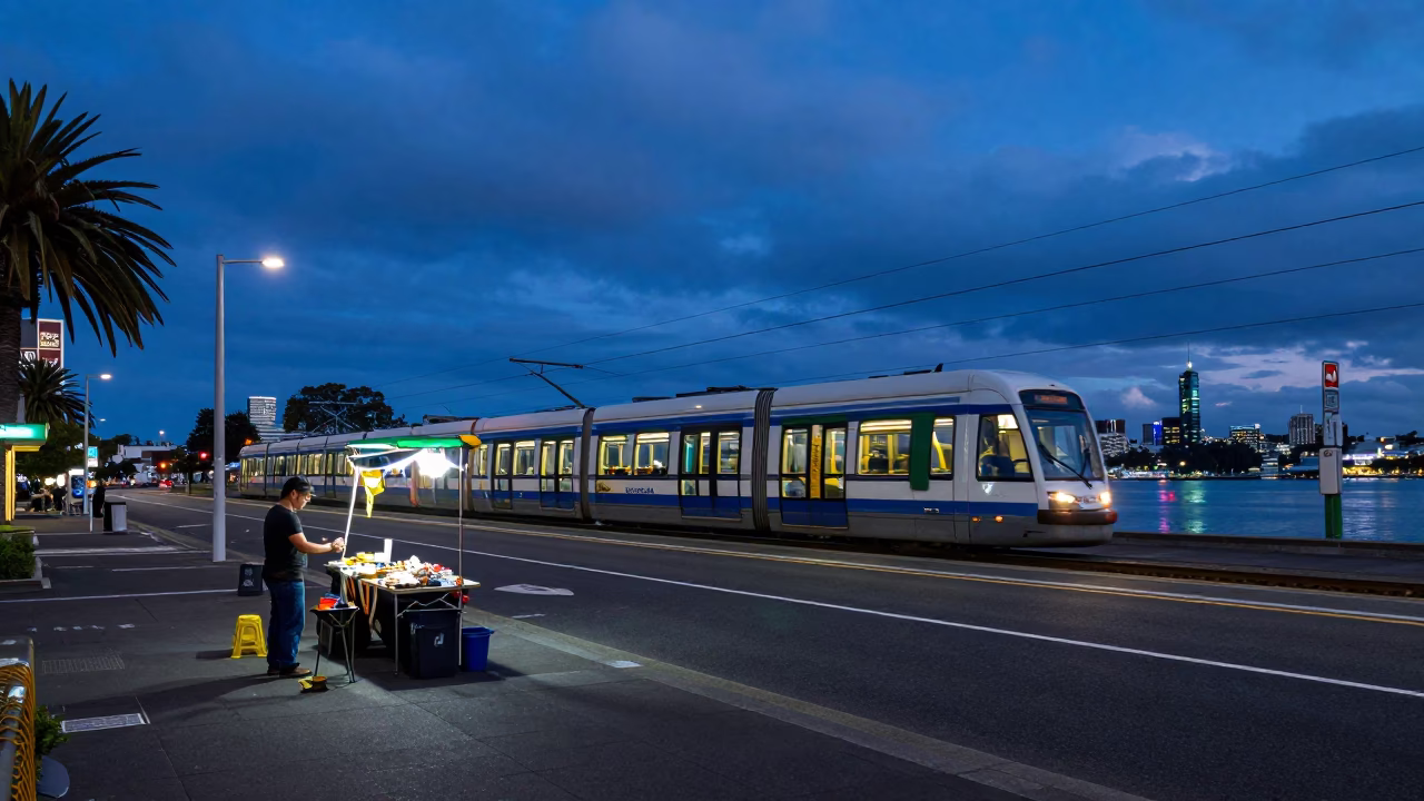 Auckland New Zealand indigo twilight street scene with monorail and local commerce in in Auckland, New Zealand