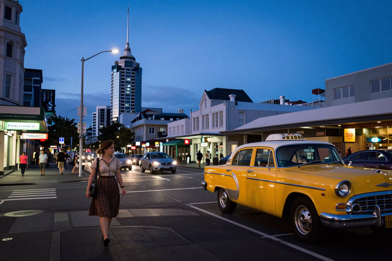 Auckland New Zealand Indigo Twilight Street Scene with Vintage 1950s Atmosphere in in Auckland, New Zealand