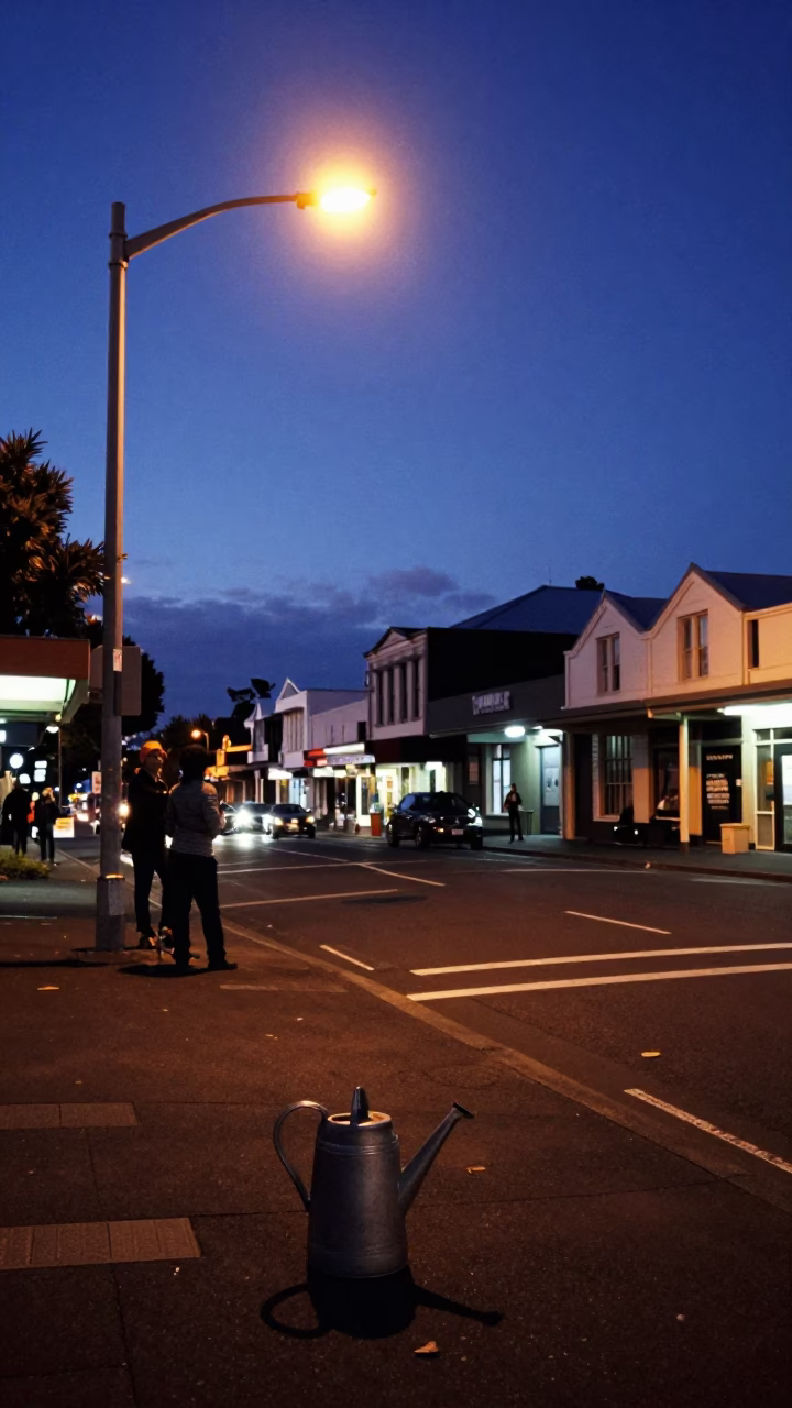 Auckland New Zealand Indigo Twilight Street Scene with Watering Jug and Plaster Wall Details in in Auckland, New Zealand