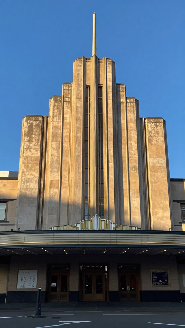 Auckland New Zealand Late Afternoon Light Art Deco Cinema Facade and Wooden Hanger in in Auckland, New Zealand