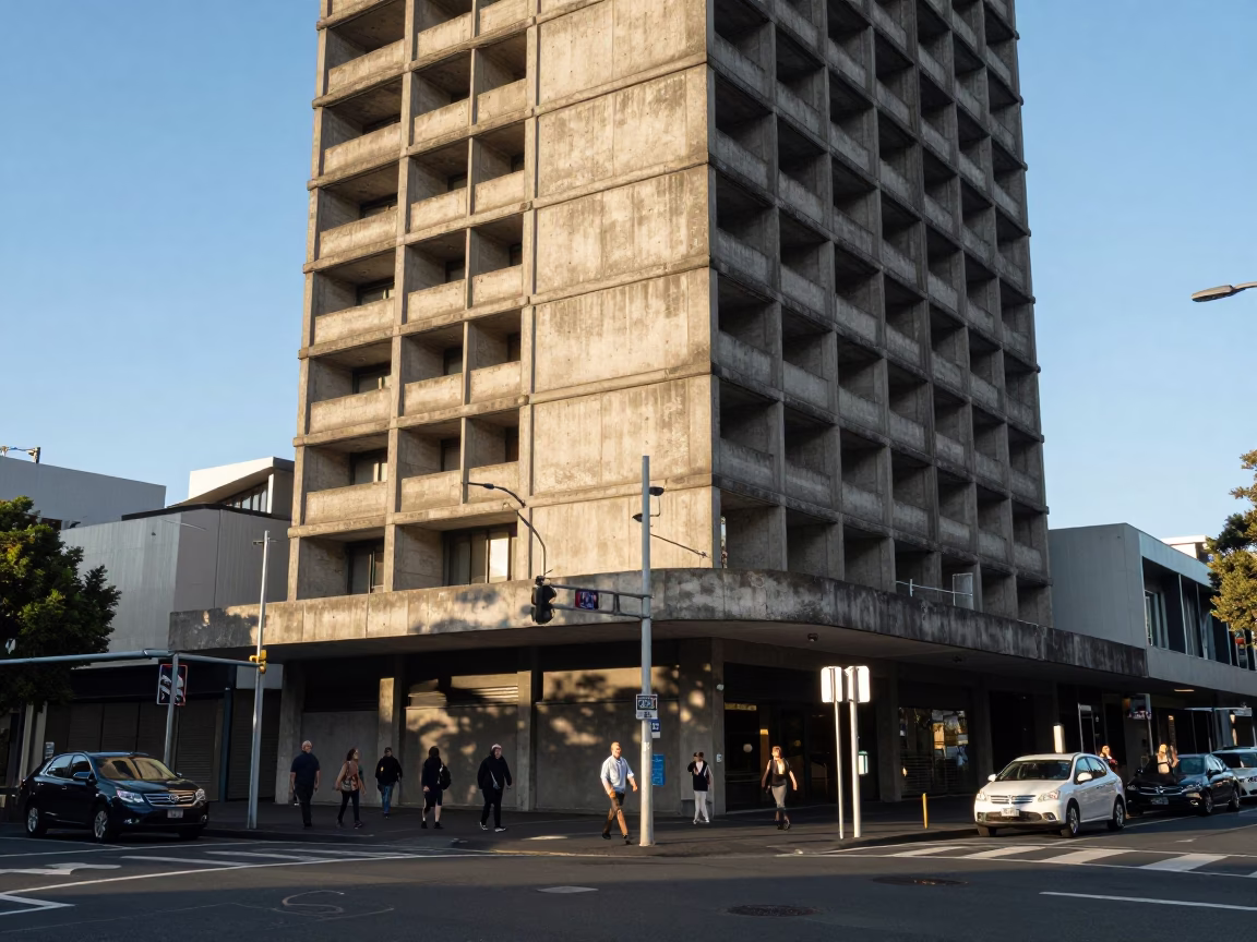 Auckland New Zealand Late Afternoon Street Scene with Brutalist Concrete Tower and Local Pedestrians in in Auckland, New Zealand