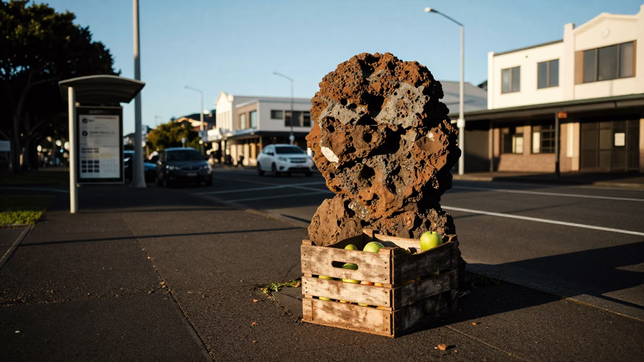 Auckland New Zealand late afternoon street scene with fruit crate and seagull in in Auckland, New Zealand
