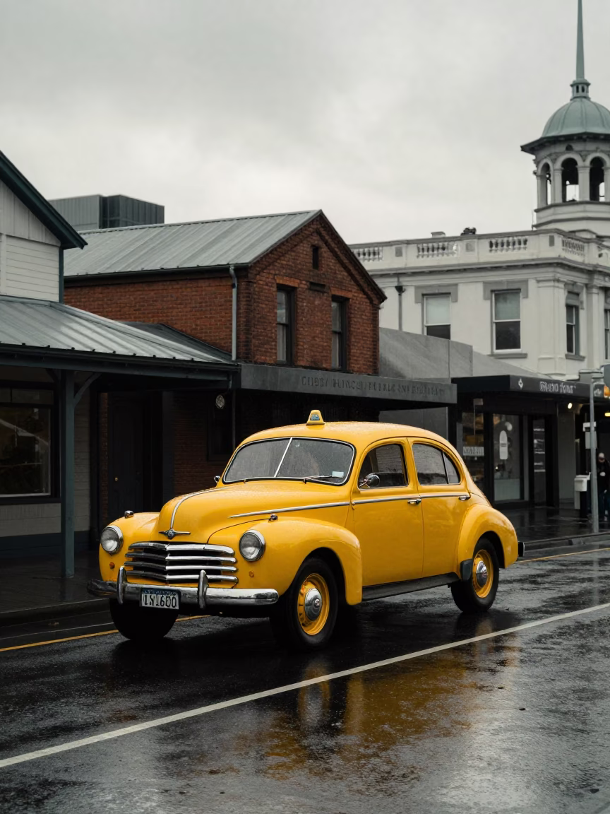 Auckland New Zealand Late Morning Street Scene with Vintage Yellow Taxi and Rain in in Auckland, New Zealand