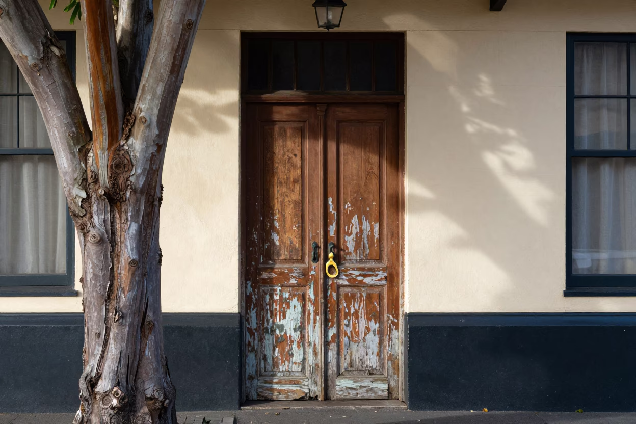 Auckland New Zealand midmorning street scene with banyan tree and weathered door latch in in Auckland, New Zealand
