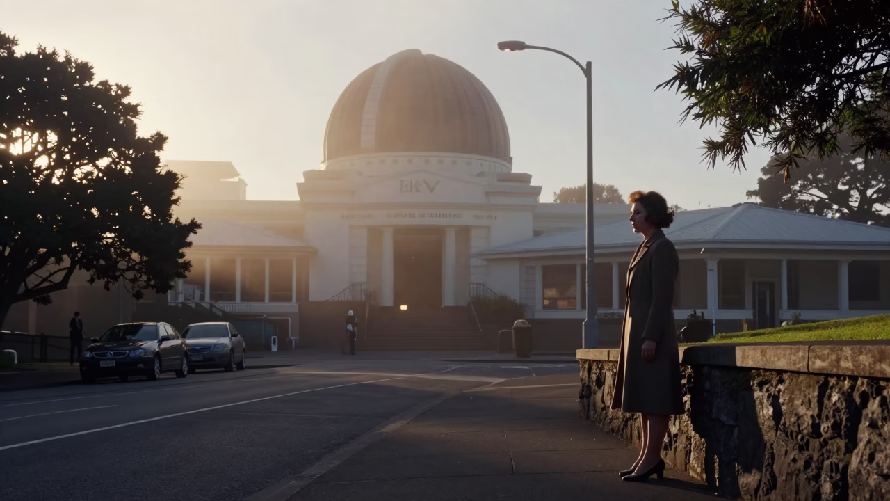 Auckland New Zealand Morning Street Scene with Observatory Dome Silhouette Above Drifting Ground Fog in in Auckland, New Zealand