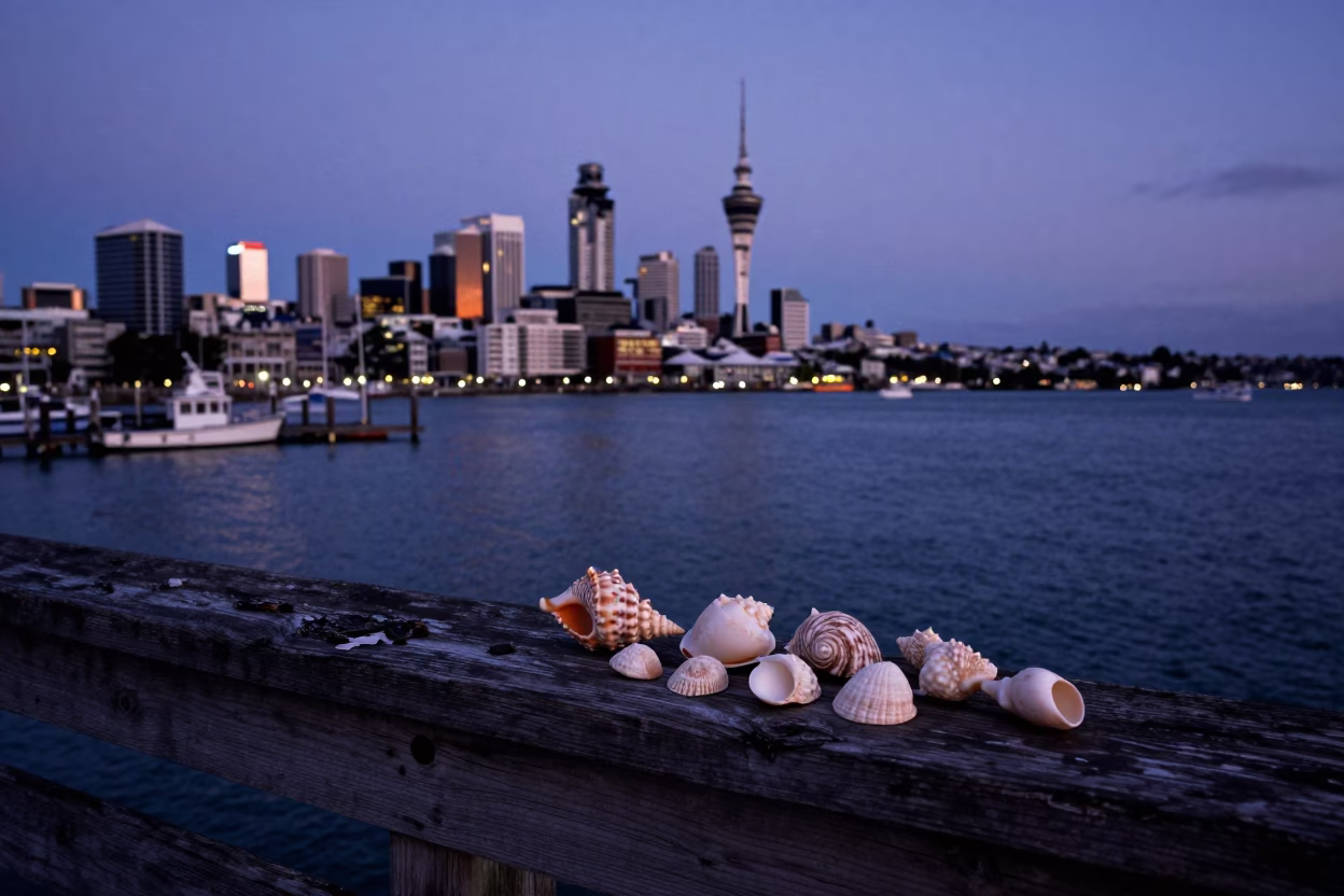 Auckland New Zealand Nautical Dawn Harbor Scene with Seashells and Vintage Thermos in in Auckland, New Zealand