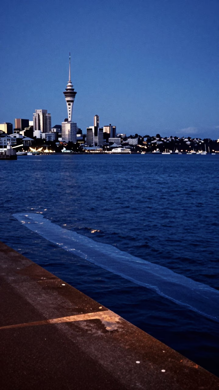 Auckland New Zealand Nautical Dawn Harbor View with Grease Sheen on Water Edge in in Auckland, New Zealand