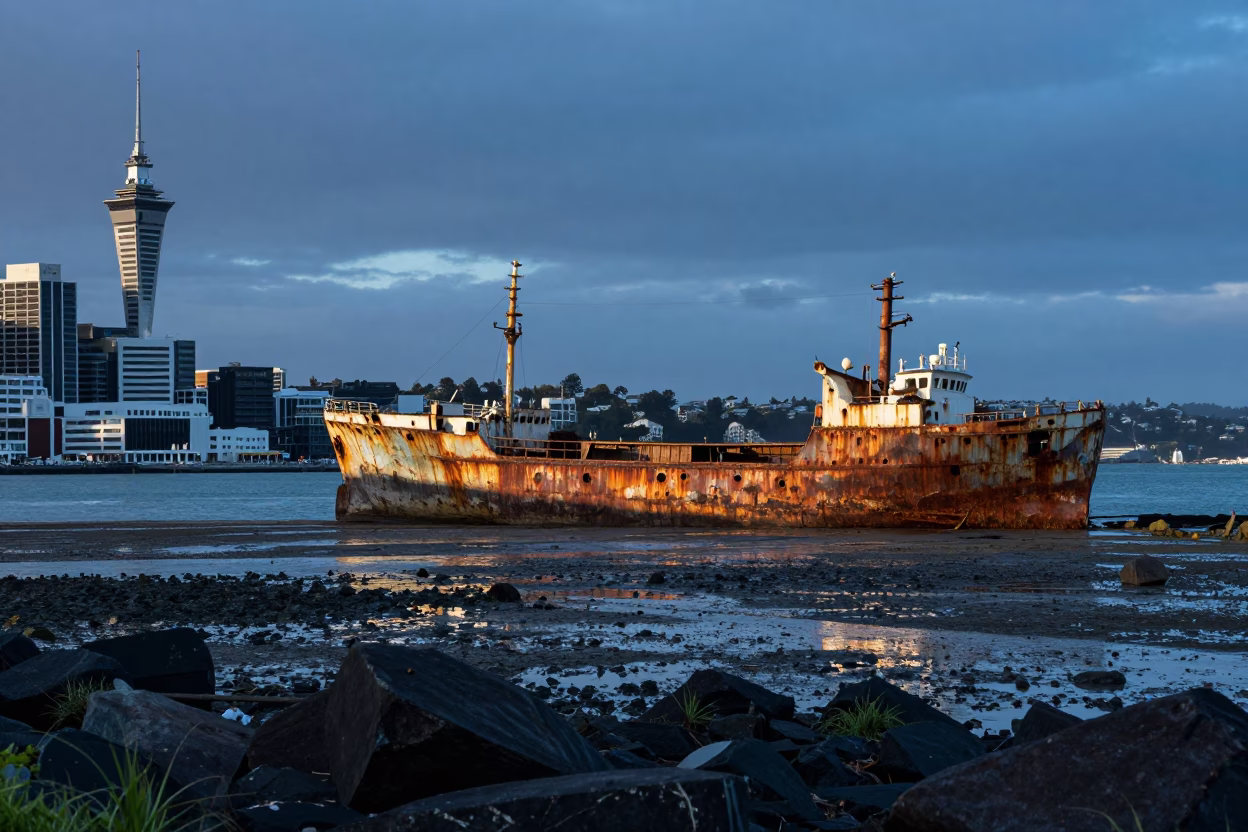 Auckland New Zealand Nautical Dawn Harbor View with Rusting Ship and Tidal Flats in in Auckland, New Zealand