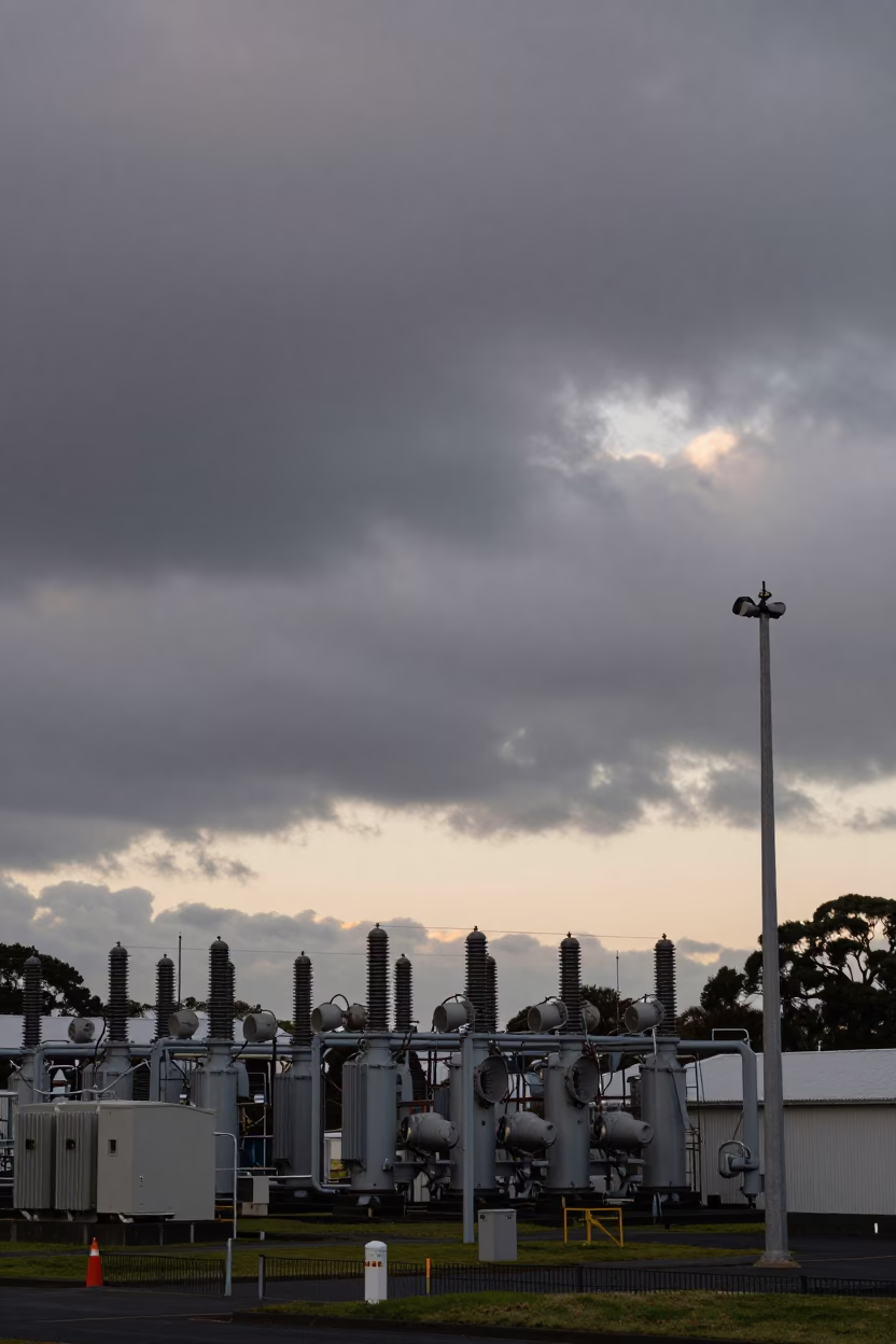 Auckland New Zealand Nautical Dawn Substation Transformer Yard Humming Under Low Thunderclouds in in Auckland, New Zealand