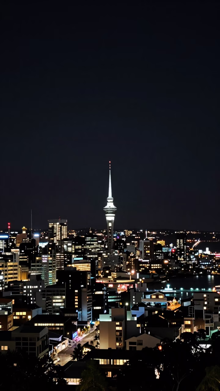 Auckland New Zealand Night Landscape Under Deepest Sky With Harbour Lights And Urban Infrastructure in in Auckland, New Zealand
