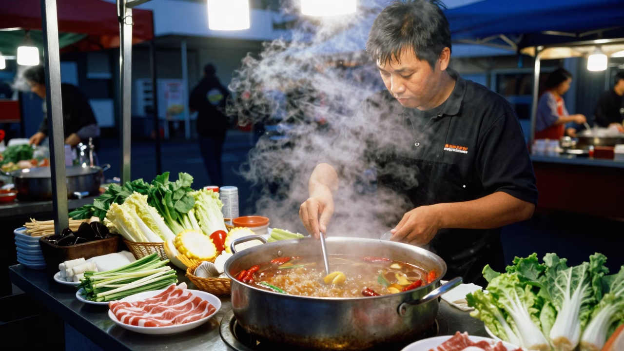 Auckland New Zealand Night Market Stall Before Dawn Steaming Hotpot and Condensation in in Auckland, New Zealand