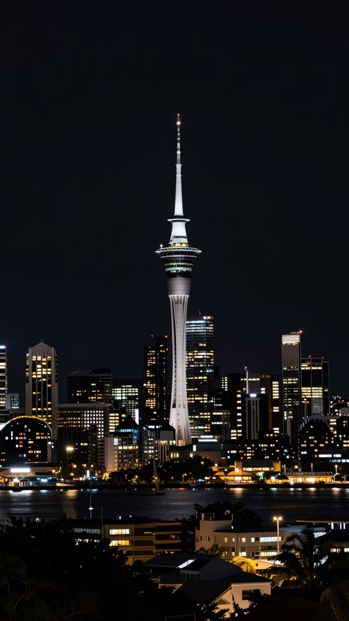Auckland New Zealand Night Skyline and Harbour Lights in the 1960s Era in in Auckland, New Zealand