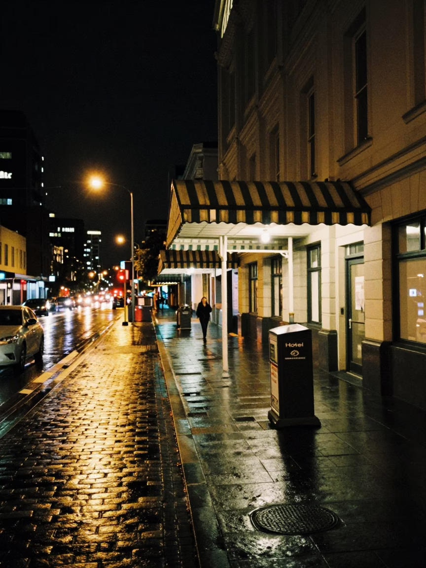 Auckland New Zealand Night Street Scene with Hotel Valet Stand and Headlight Streaks in in Auckland, New Zealand