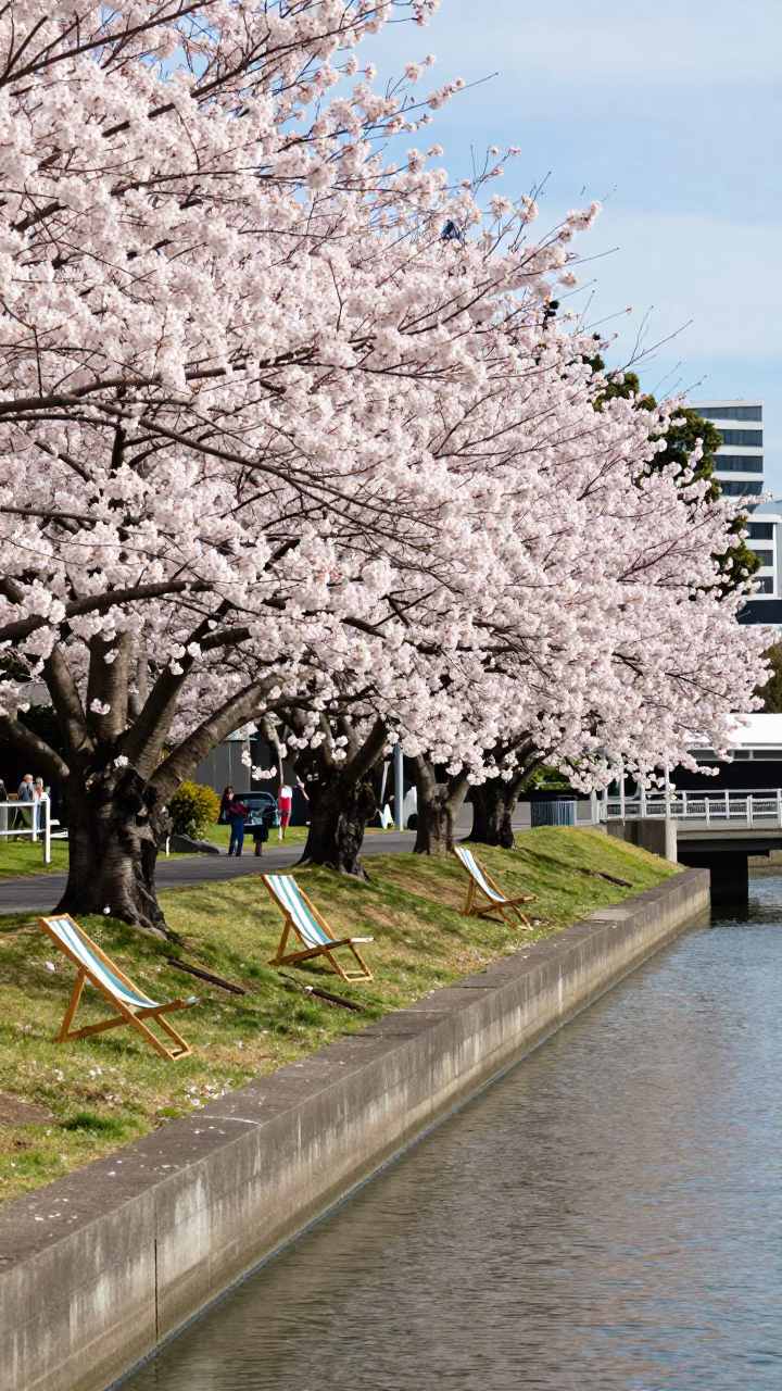 Auckland New Zealand noon light deck chairs and cherry trees along canal in in Auckland, New Zealand