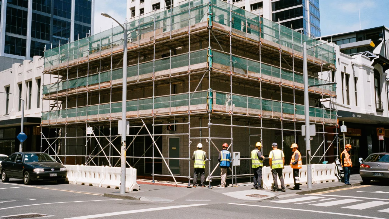 Auckland New Zealand Noon Street Scene with Scaffold Geometry and Local Commerce in in Auckland, New Zealand