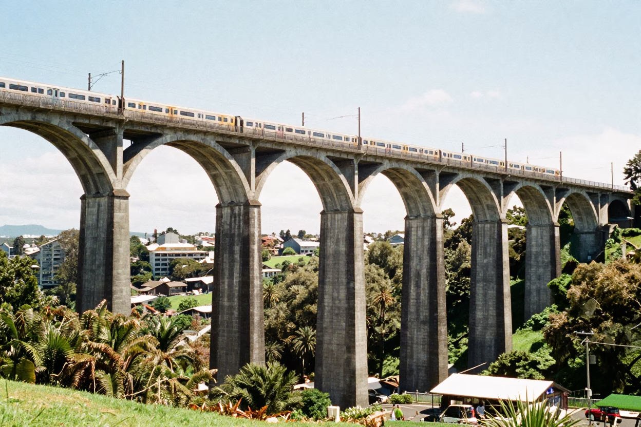 Auckland New Zealand Noon Sunlight on Historic Railway Viaduct and Passing Train in in Auckland, New Zealand