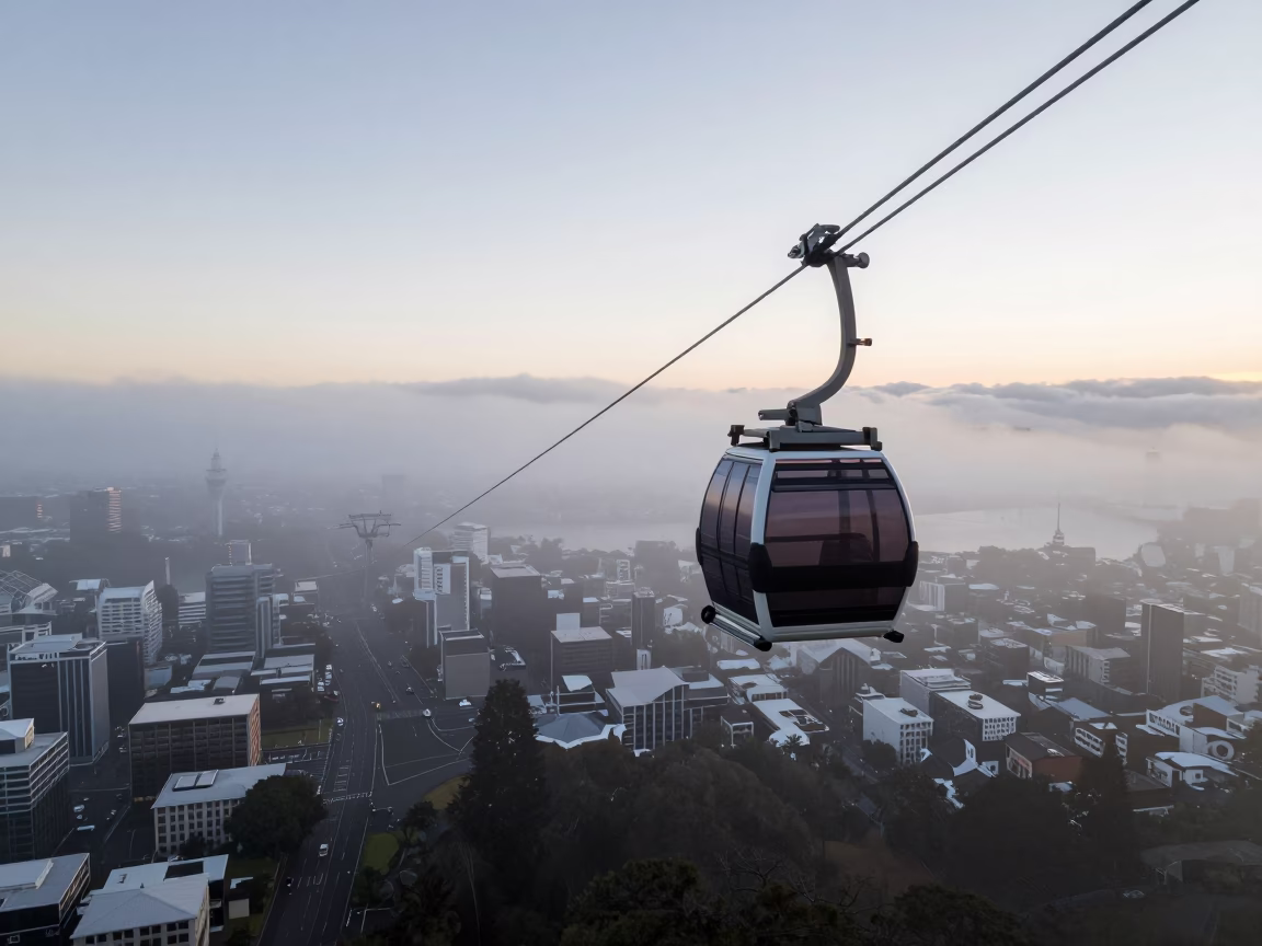 Auckland New Zealand Pre-Dawn Aerial Tramway Gondola Floating Above Morning Fog in in Auckland, New Zealand