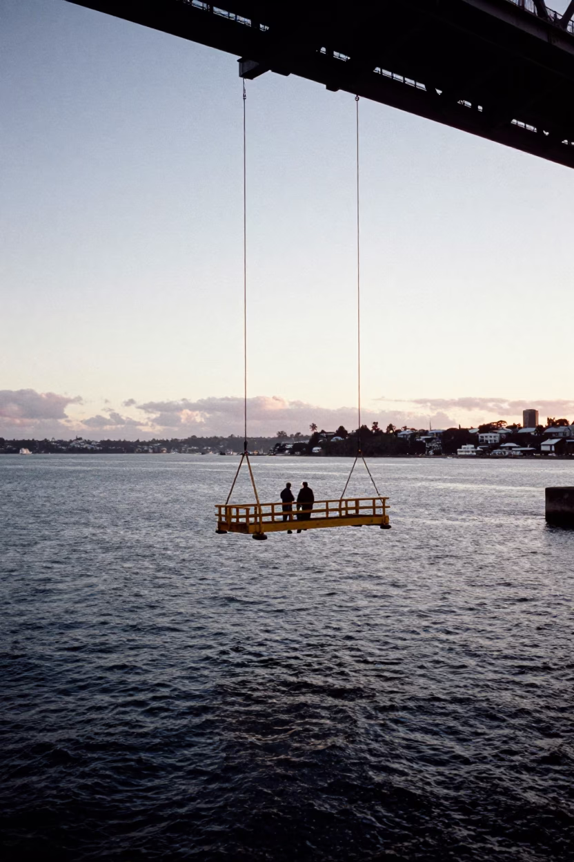 Auckland New Zealand Pre-Dawn Harbor Bridge Maintenance Cradle Over Dark Water in in Auckland, New Zealand