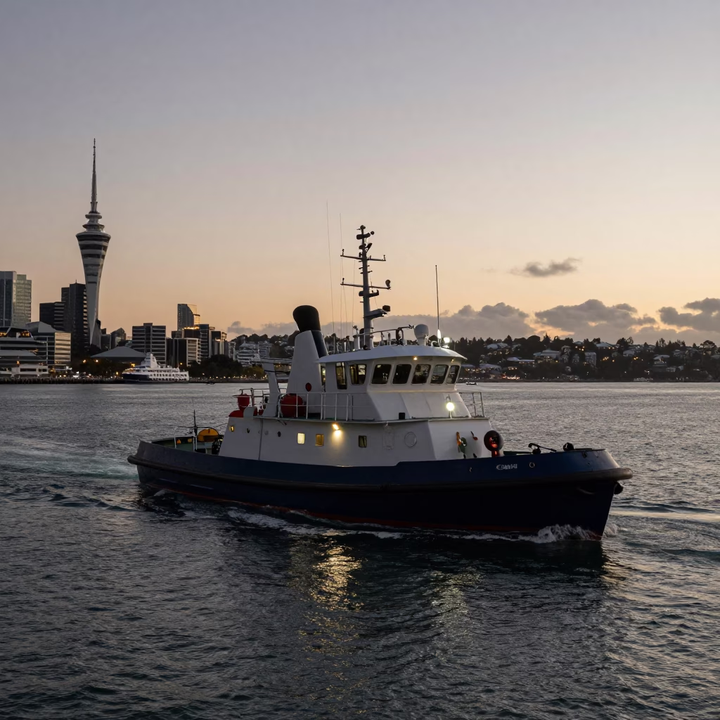 Auckland New Zealand Pre-Dawn Harbor Pilot Boat Navigation with Steel and Coffee Details in in Auckland, New Zealand