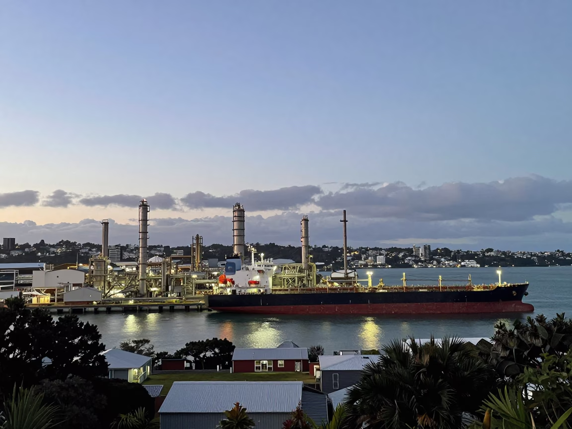 Auckland New Zealand Pre-Dawn Harbor View with Tanker Ship at Refinery Dock in in Auckland, New Zealand