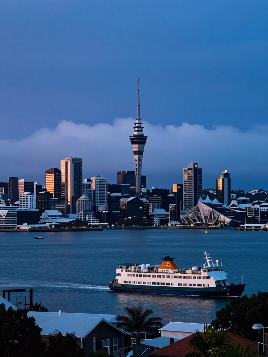 Auckland New Zealand Pre-Dawn Harbour View with Ferry and City Skyline in in Auckland, New Zealand