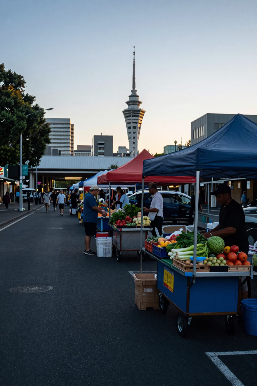 Auckland New Zealand Pre-Dawn Street Market Carts and Early Morning Activity in in Auckland, New Zealand