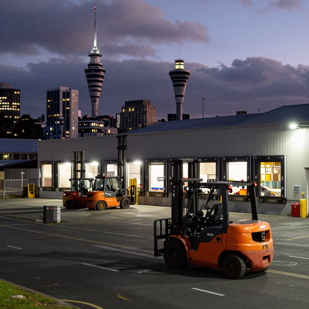 Auckland New Zealand Predawn Street Scene With Forklifts And Loading Dock Activity in in Auckland, New Zealand