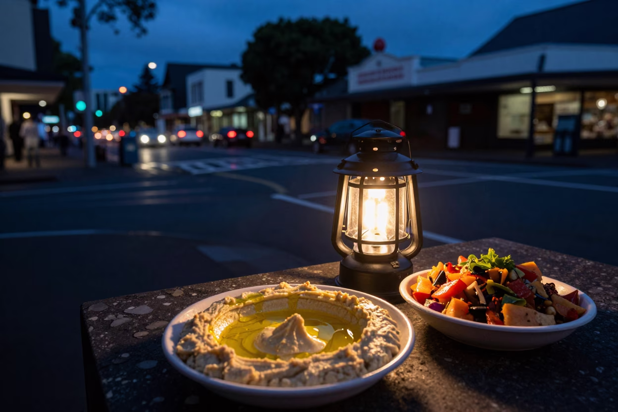 Auckland New Zealand Predawn Street Scene with Hummus and Gado Gado in in Auckland, New Zealand