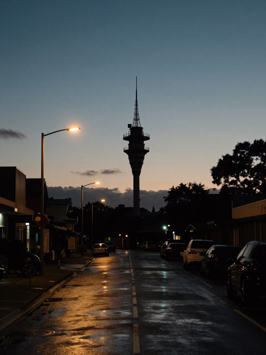 Auckland New Zealand Predawn Street Scene with Weather Radar Installation and Stovetop Kettle in in Auckland, New Zealand