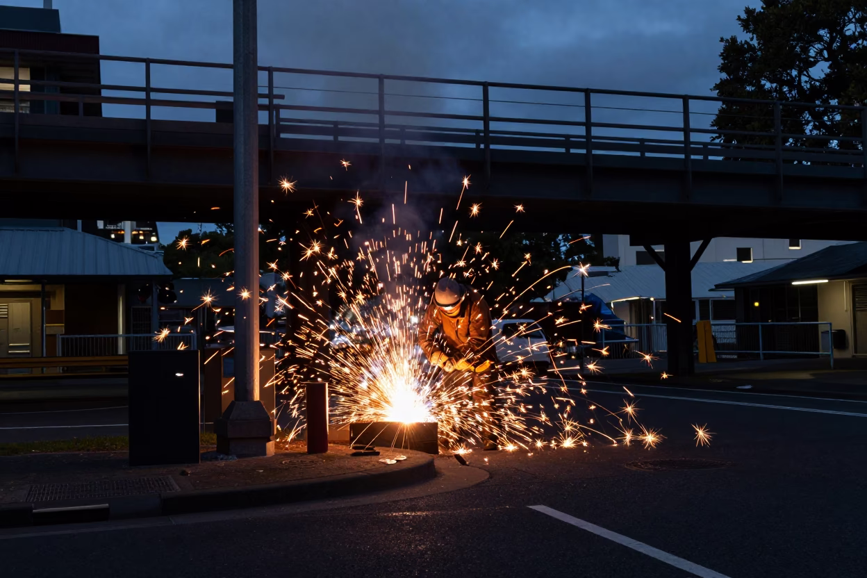 Auckland New Zealand Predawn Street Scene with Welding Sparks and Urban Construction in in Auckland, New Zealand