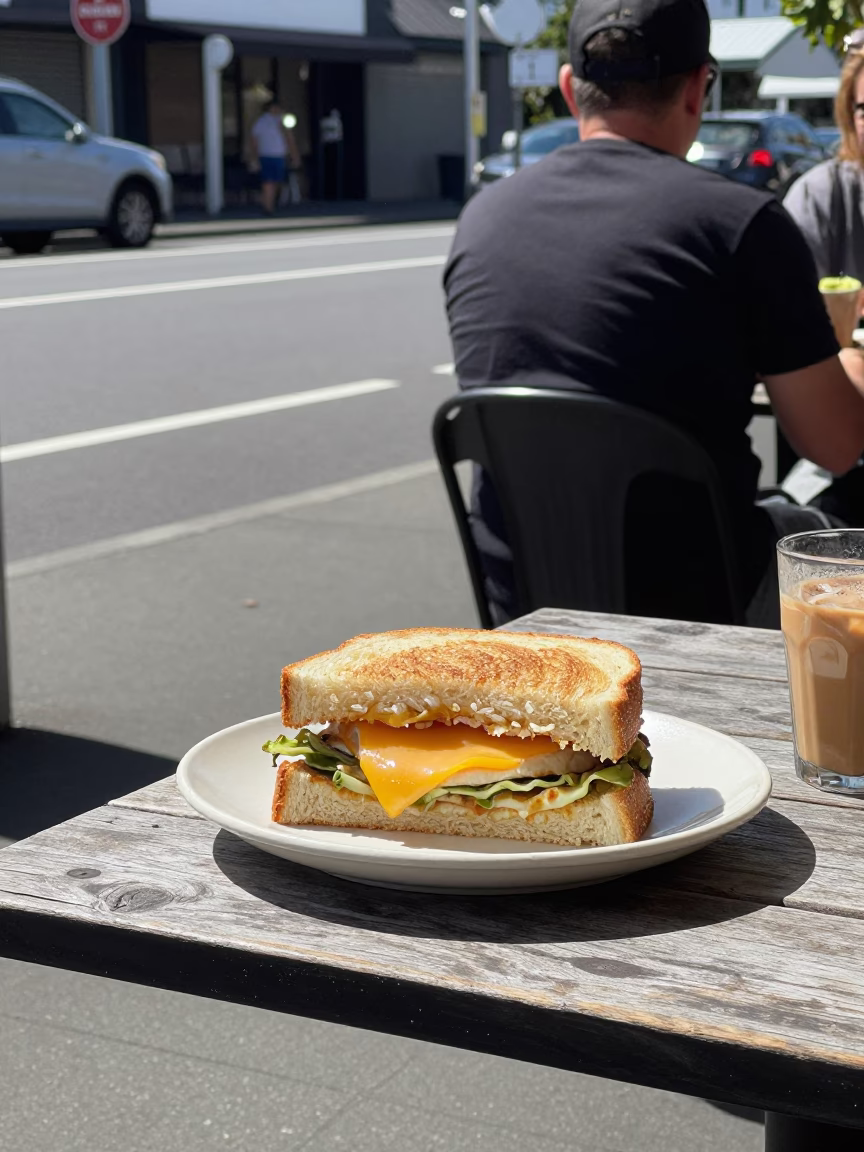 Auckland New Zealand street cafe scene with local breakfast items in bright midmorning light in in Auckland, New Zealand