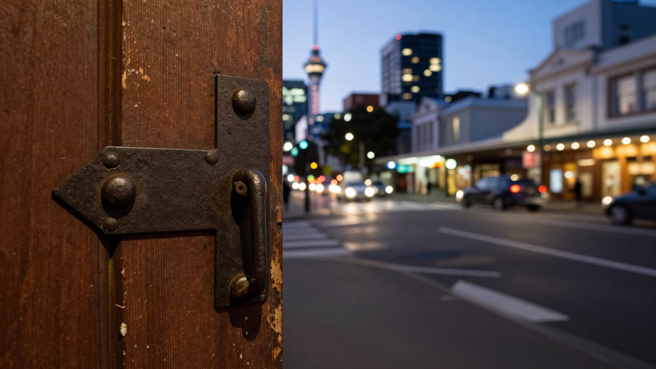 Auckland New Zealand street scene at dusk with iron deadbolt and linen fringe details in in Auckland, New Zealand