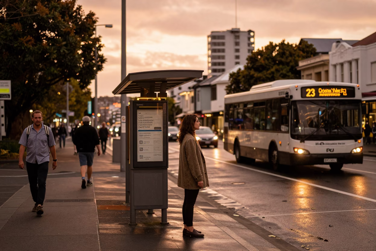 Auckland New Zealand Street Scene in Copper Toned Dusk Light with Local Details in in Auckland, New Zealand
