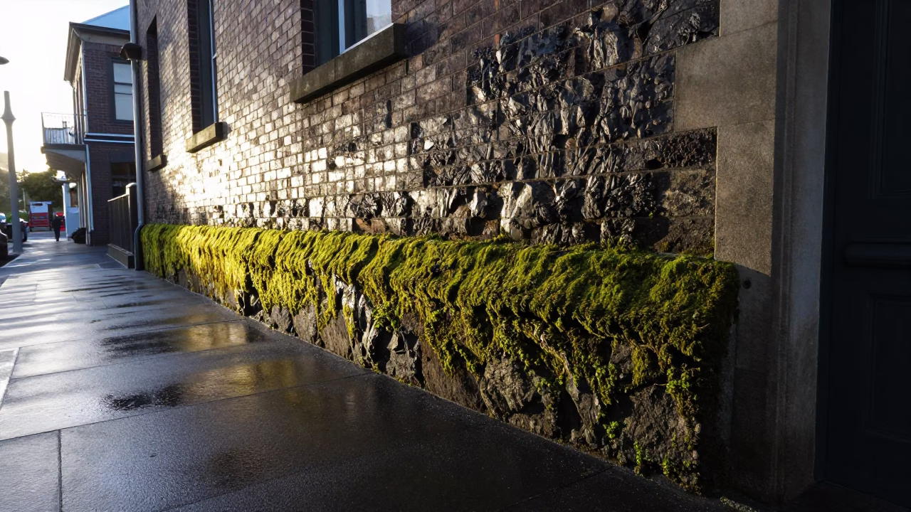 Auckland New Zealand street scene just after sunrise with mossy stone wall and doorframe in in Auckland, New Zealand