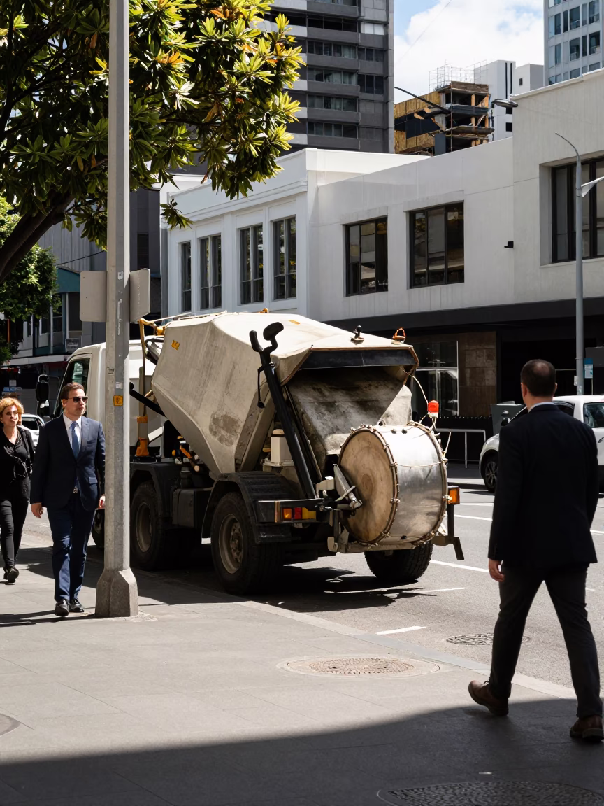 Auckland New Zealand Street Scene with Cement Mixer and Urban Construction Activity in in Auckland, New Zealand