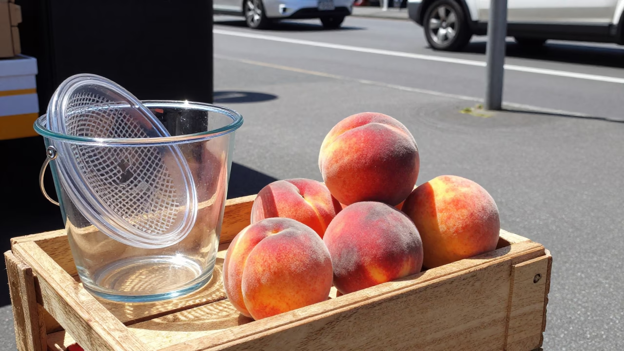 Auckland New Zealand Street Scene with Peaches and Glass Bucket in Bright Midmorning Light in in Auckland, New Zealand