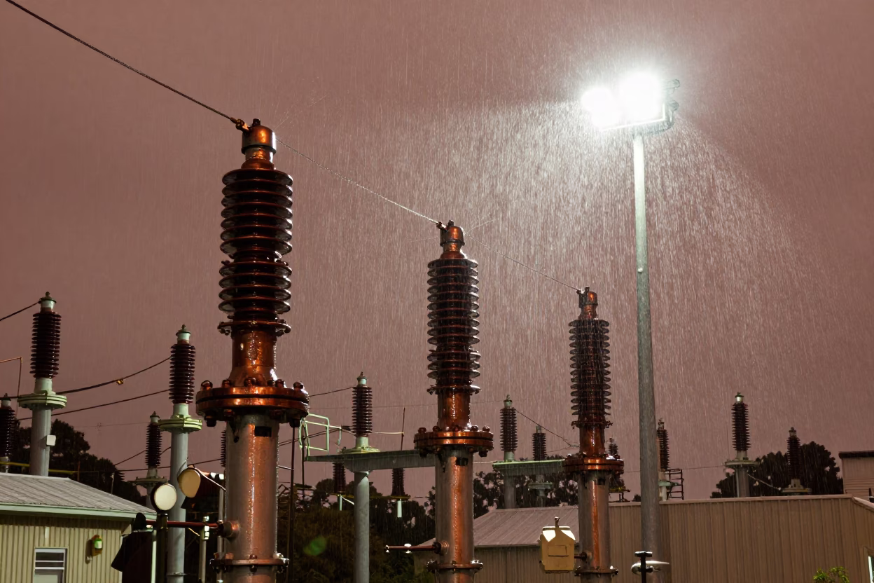 Auckland New Zealand Substation Insulators Sparkling Under Floodlights in Copper Toned Light Before Dusk in in Auckland, New Zealand