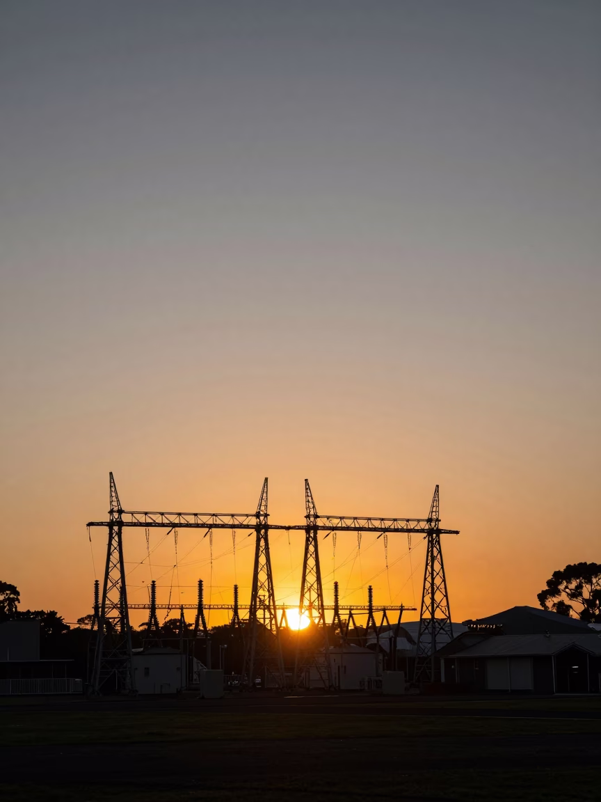 Auckland New Zealand Sunset Horizon Power Substation Lattice Sky in in Auckland, New Zealand
