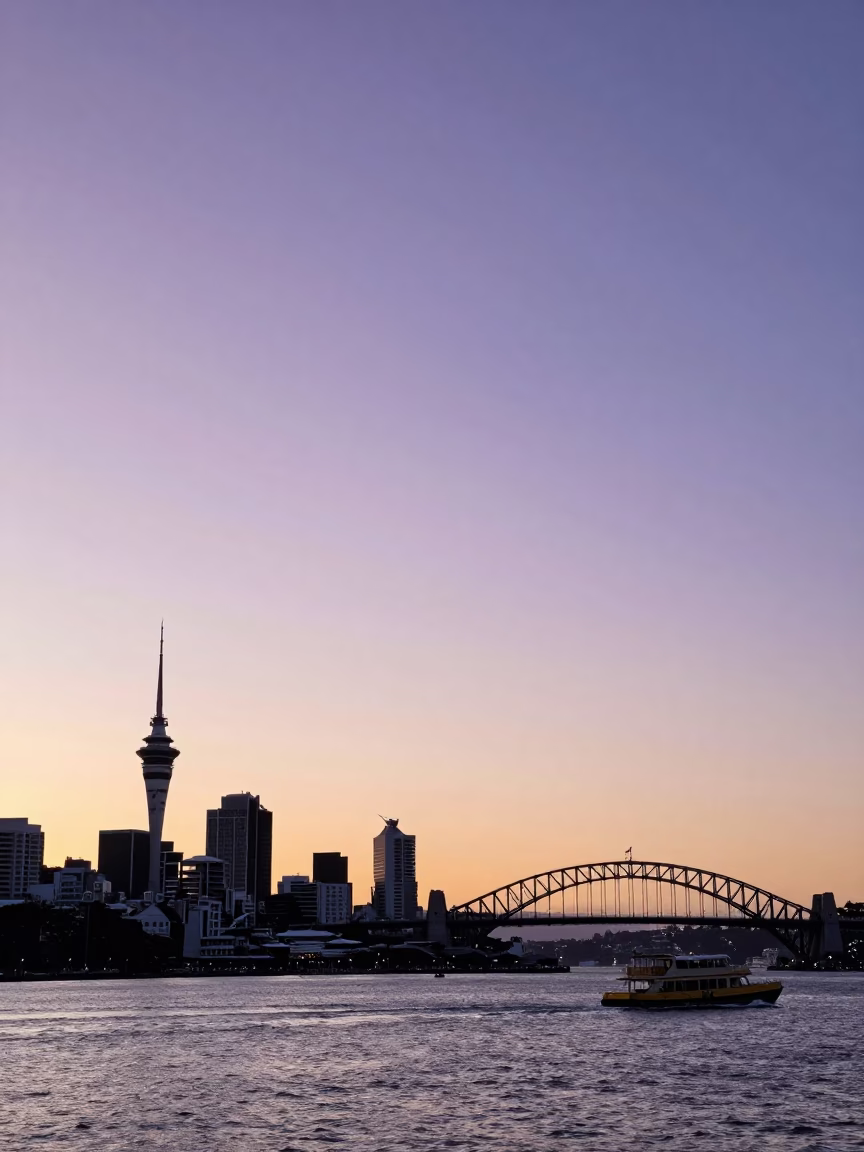 Auckland New Zealand Sunset Horizon Shot with Water Taxi and Harbour Bridge in in Auckland, New Zealand