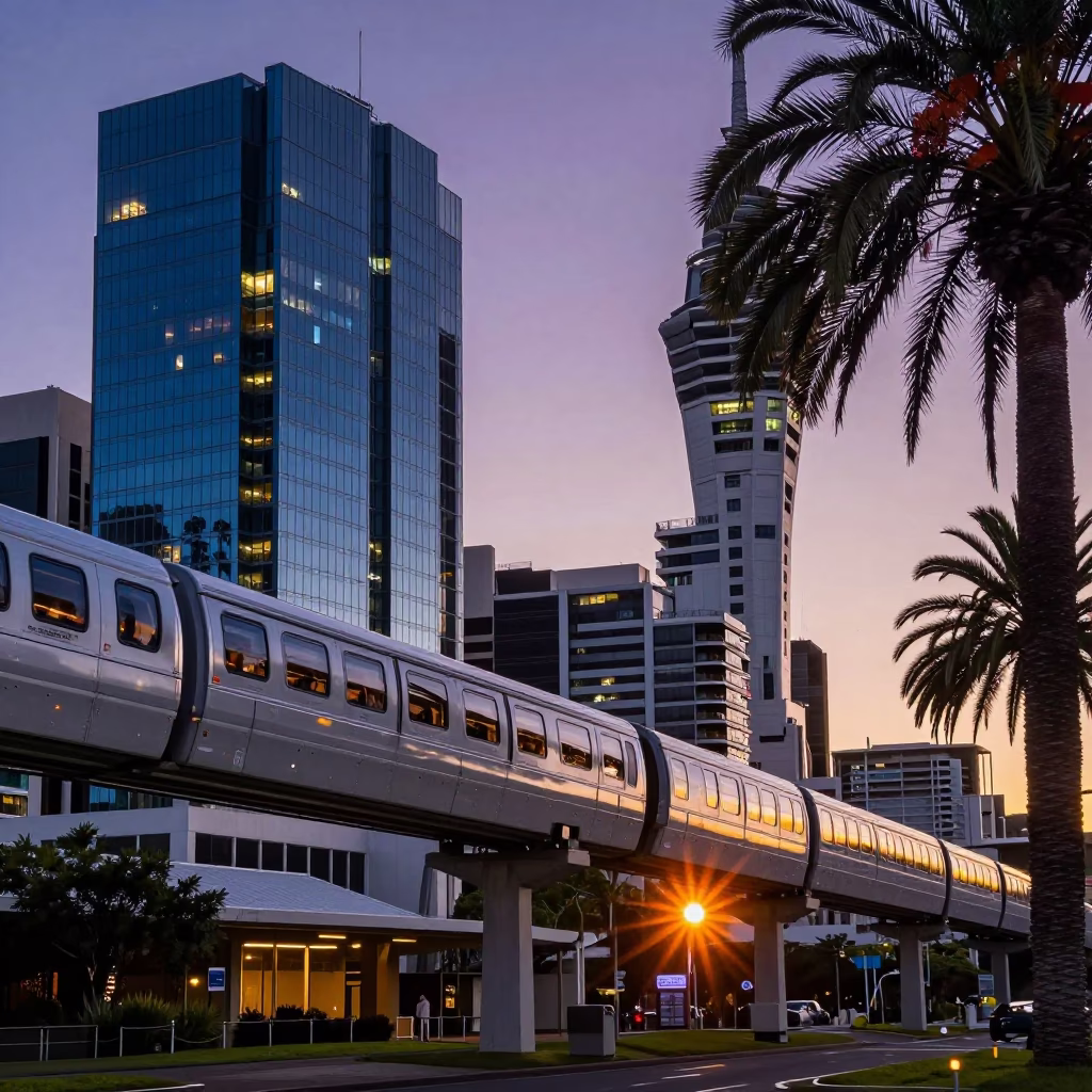 Auckland New Zealand Sunset Monorail Gliding Past Glass Towers and Palm Trees in in Auckland, New Zealand