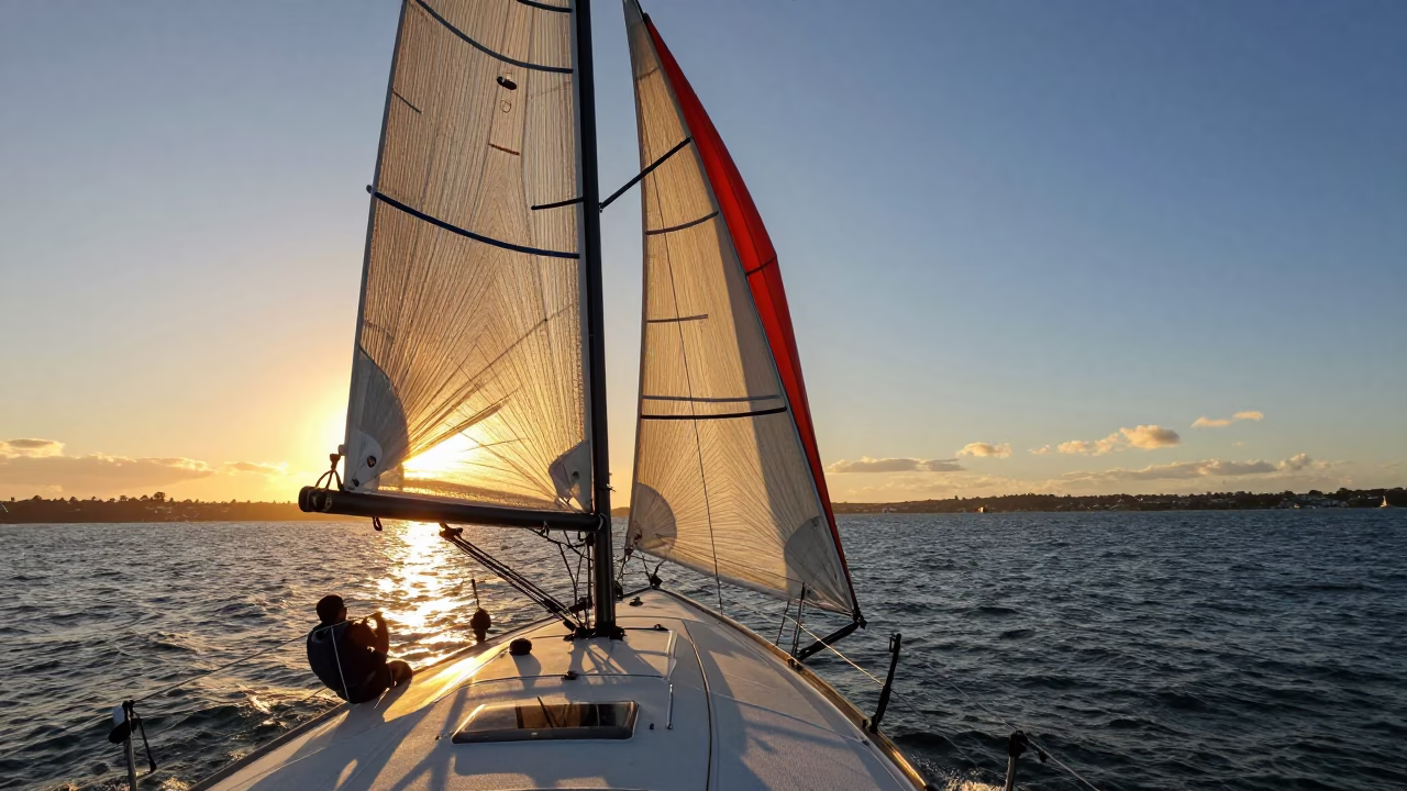 Auckland New Zealand Sunset Sailboat Racing Downwind with Spinnaker Deployed in in Auckland, New Zealand