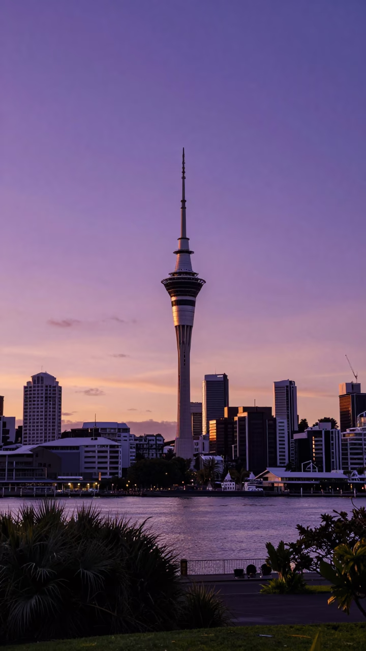 Auckland New Zealand Sunset Sky Tower and Harbor View with Ivy Vines in in Auckland, New Zealand