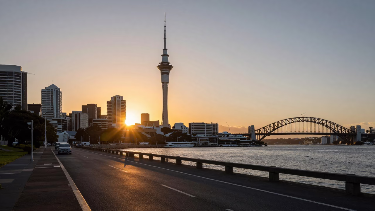 Auckland New Zealand Sunset Sky Tower and Harbour Bridge with Street Musician in in Auckland, New Zealand