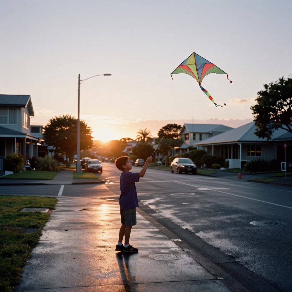 Auckland New Zealand Sunset Street Scene with Boy and Kite in in Auckland, New Zealand