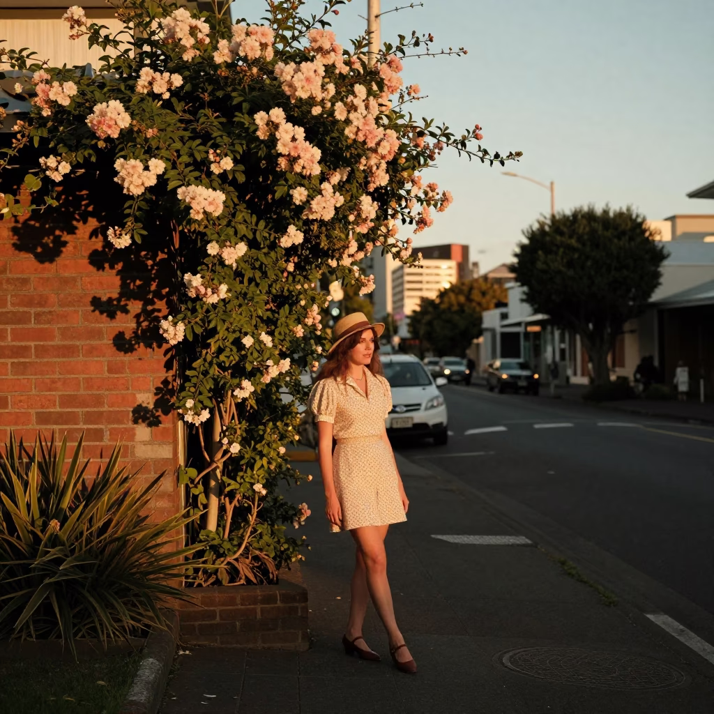 Auckland New Zealand Sunset Street Scene with Climbing Jasmine Trellis and Vintage Fashion in in Auckland, New Zealand