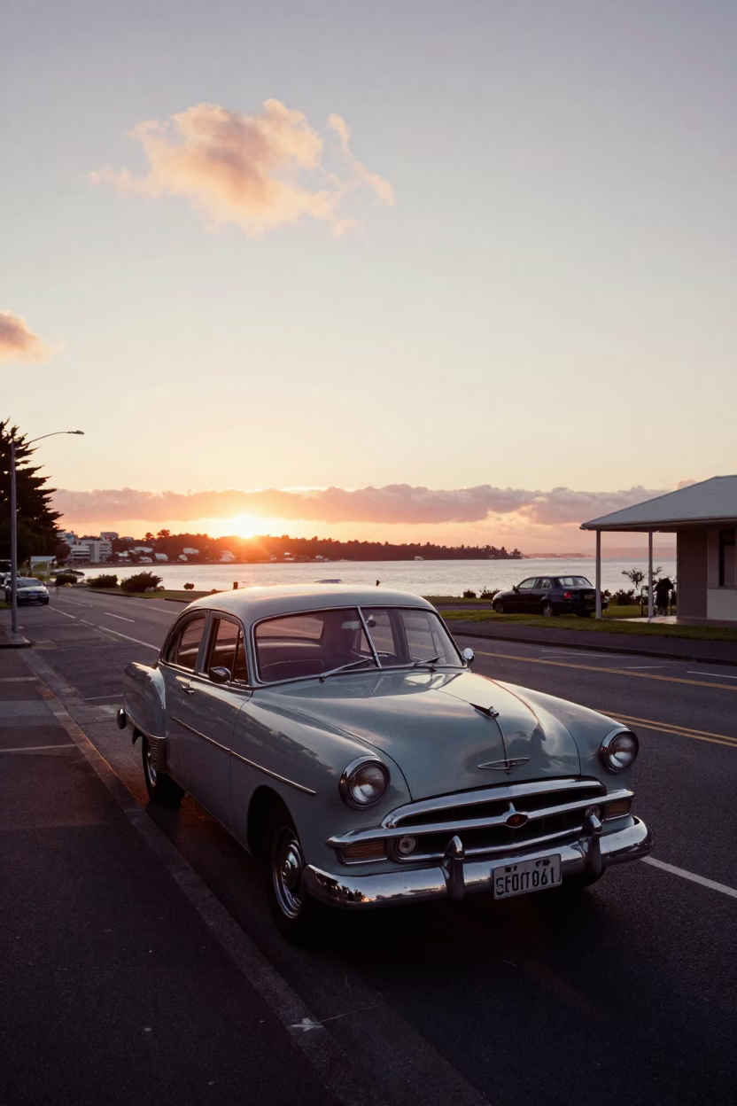 Auckland New Zealand Sunset Street Scene with Vintage Car and Coastal Wind in in Auckland, New Zealand